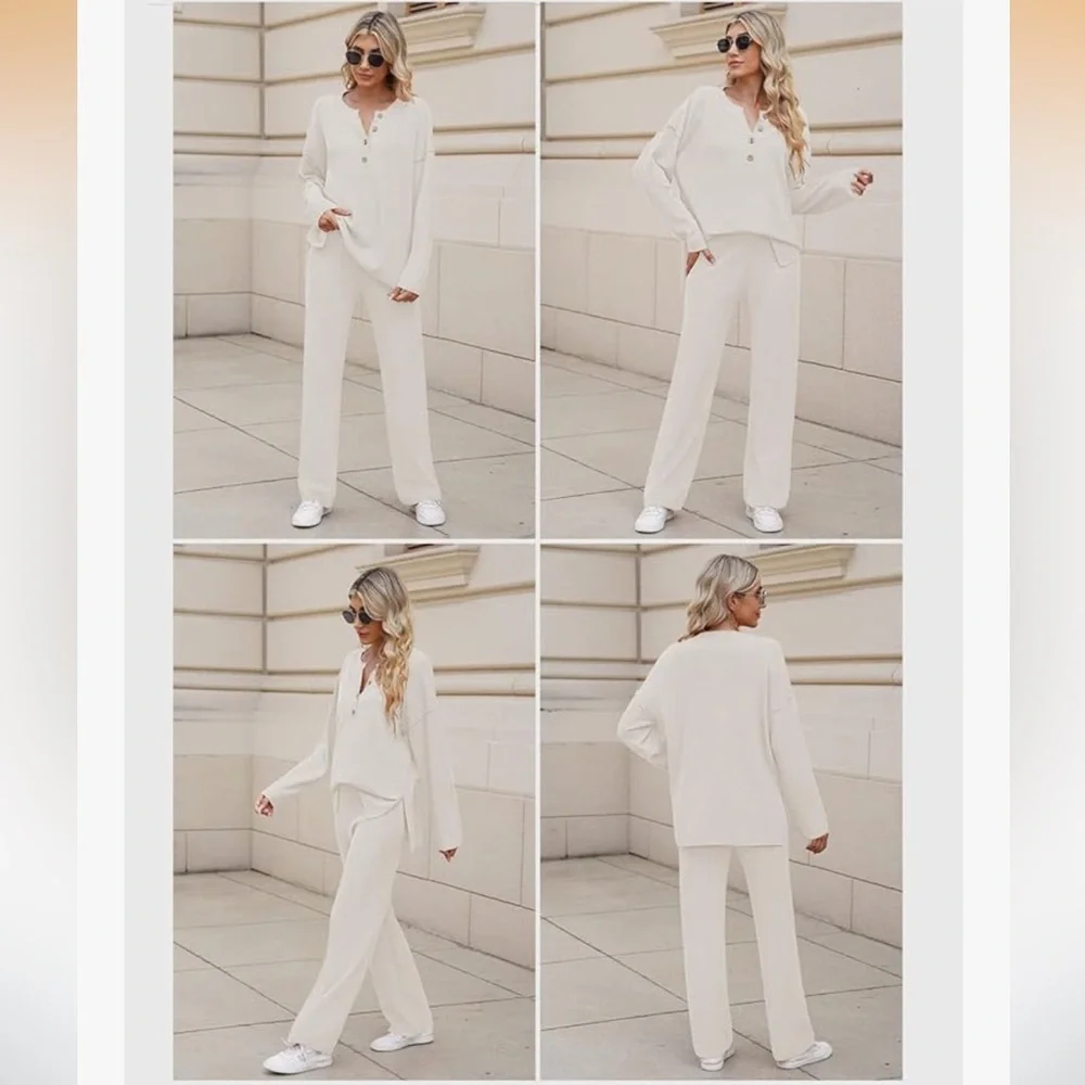 LILLUSORY Cream Knit 2 Piece Lounge Set Size M Henley Top Pants Oversize Slouchy